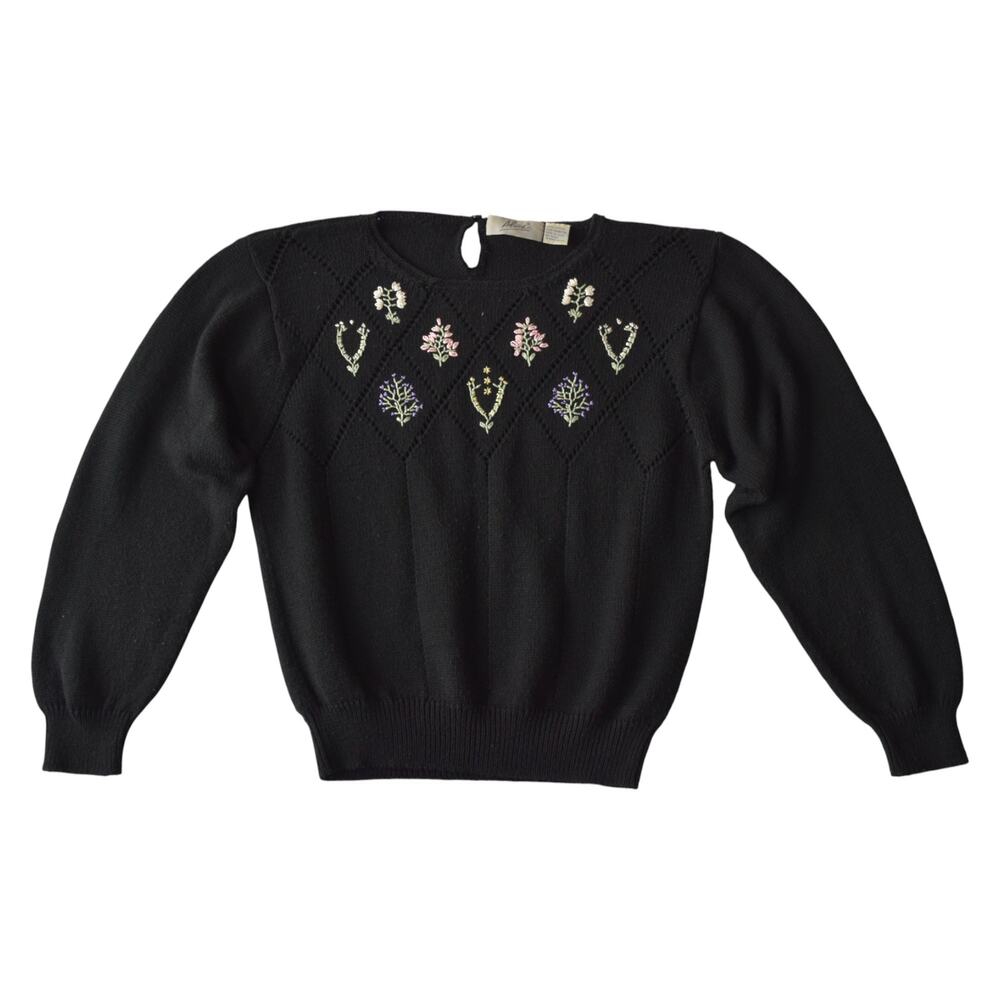 Black Floral Embroidered Knit Sweater by Alicia - Plus Size